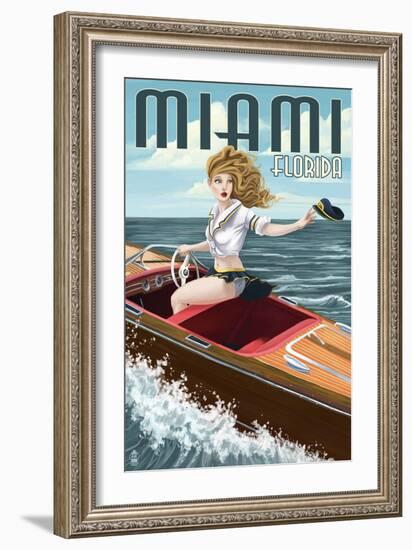 Miami, Florida - Pinup Girl Boating-Lantern Press-Framed Art Print