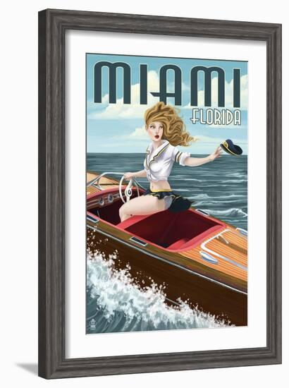 Miami, Florida - Pinup Girl Boating-Lantern Press-Framed Art Print