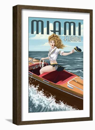 Miami, Florida - Pinup Girl Boating-Lantern Press-Framed Art Print