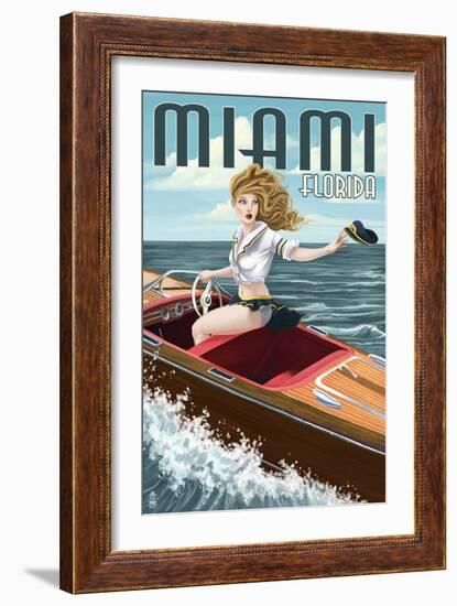 Miami, Florida - Pinup Girl Boating-Lantern Press-Framed Art Print