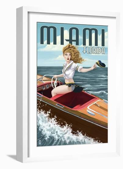 Miami, Florida - Pinup Girl Boating-Lantern Press-Framed Art Print