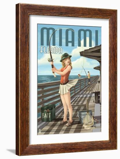 Miami, Florida - Pinup Girl Fishing-Lantern Press-Framed Art Print