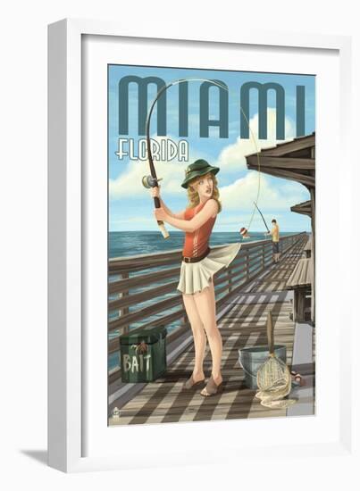 Miami, Florida - Pinup Girl Fishing-Lantern Press-Framed Art Print