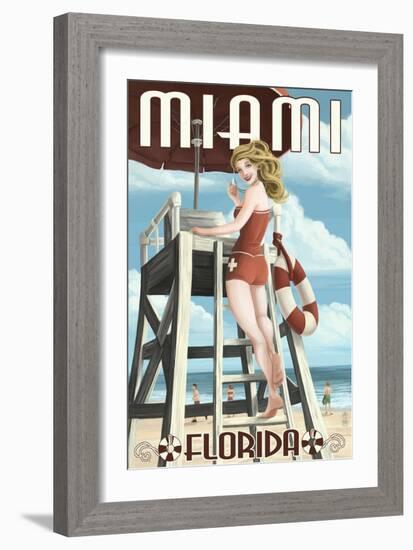Miami, Florida - Pinup Girl Lifeguard-Lantern Press-Framed Art Print