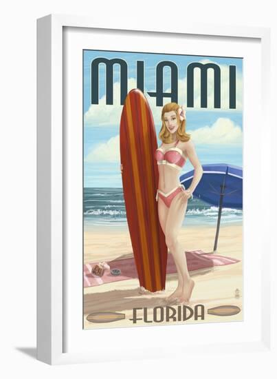 Miami, Florida - Pinup Girl Surfer-Lantern Press-Framed Art Print