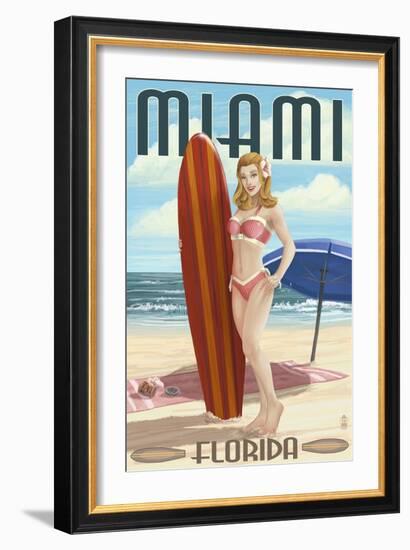 Miami, Florida - Pinup Girl Surfer-Lantern Press-Framed Art Print