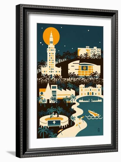 Miami, Florida - Retro Skyline (no text)-Lantern Press-Framed Art Print