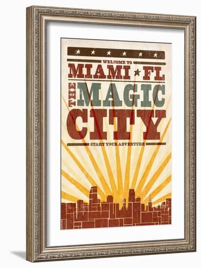 Miami, Florida - Skyline and Sunburst Screenprint Style-Lantern Press-Framed Art Print