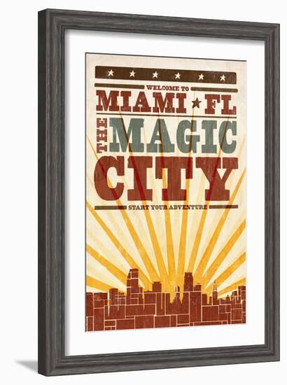 Miami, Florida - Skyline and Sunburst Screenprint Style-Lantern Press-Framed Art Print