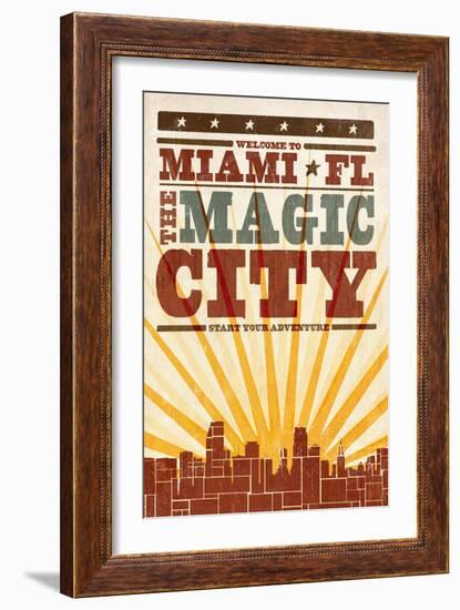 Miami, Florida - Skyline and Sunburst Screenprint Style-Lantern Press-Framed Art Print