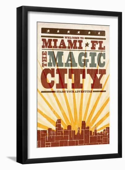 Miami, Florida - Skyline and Sunburst Screenprint Style-Lantern Press-Framed Art Print
