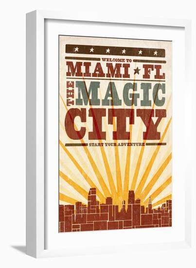 Miami, Florida - Skyline and Sunburst Screenprint Style-Lantern Press-Framed Art Print