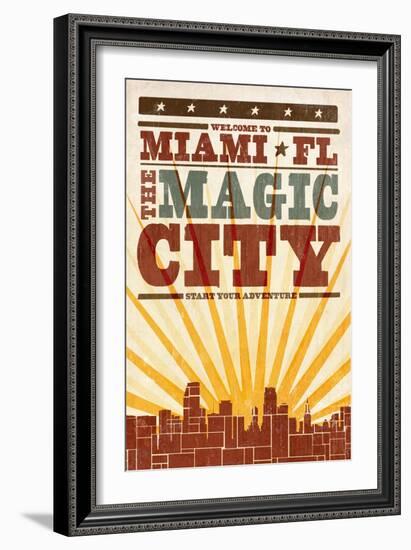 Miami, Florida - Skyline and Sunburst Screenprint Style-Lantern Press-Framed Art Print