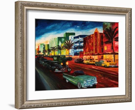 Miami Ocean Drive with Mint Cadillac-Markus Bleichner-Framed Art Print