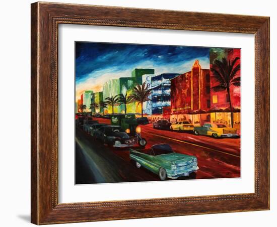 Miami Ocean Drive with Mint Cadillac-Markus Bleichner-Framed Art Print