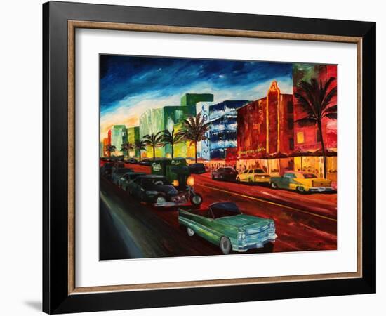 Miami Ocean Drive with Mint Cadillac-Markus Bleichner-Framed Art Print