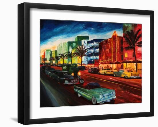 Miami Ocean Drive with Mint Cadillac-Markus Bleichner-Framed Art Print