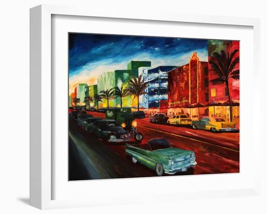 Miami Ocean Drive with Mint Cadillac-Markus Bleichner-Framed Art Print