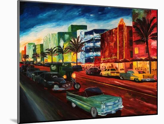 Miami Ocean Drive with Mint Cadillac-Markus Bleichner-Mounted Art Print