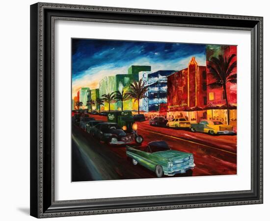 Miami Ocean Drive with Mint Cadillac-Markus Bleichner-Framed Art Print