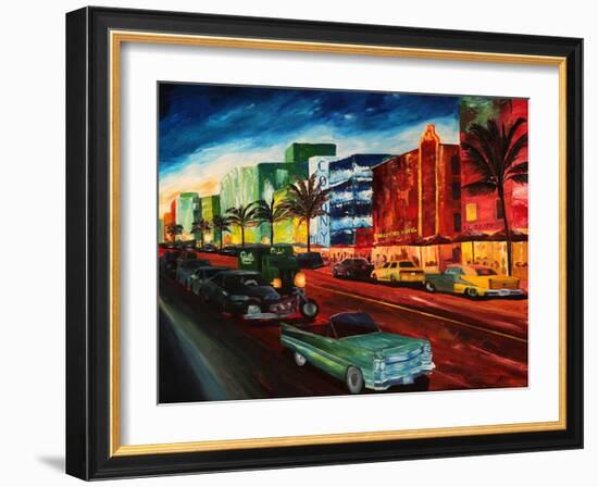 Miami Ocean Drive with Mint Cadillac-Markus Bleichner-Framed Art Print