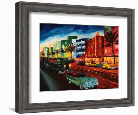 Miami Ocean Drive with Mint Cadillac-Markus Bleichner-Framed Art Print