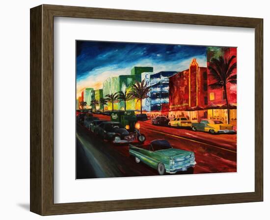 Miami Ocean Drive with Mint Cadillac-Markus Bleichner-Framed Art Print