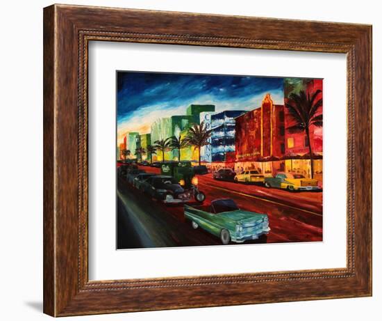 Miami Ocean Drive with Mint Cadillac-Markus Bleichner-Framed Art Print