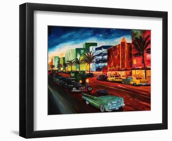 Miami Ocean Drive with Mint Cadillac-Markus Bleichner-Framed Art Print