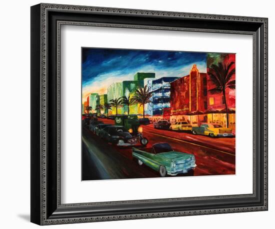 Miami Ocean Drive with Mint Cadillac-Markus Bleichner-Framed Art Print