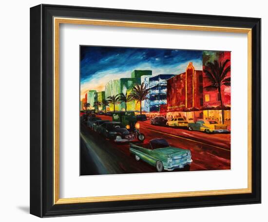 Miami Ocean Drive with Mint Cadillac-Markus Bleichner-Framed Art Print