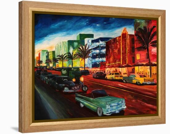 Miami Ocean Drive with Mint Cadillac-Markus Bleichner-Framed Stretched Canvas