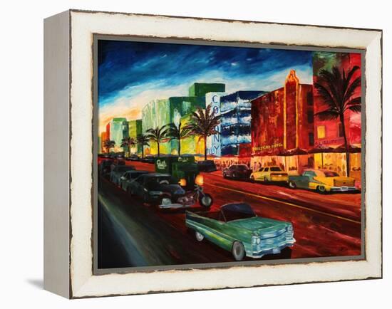 Miami Ocean Drive with Mint Cadillac-Markus Bleichner-Framed Stretched Canvas