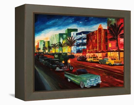 Miami Ocean Drive with Mint Cadillac-Markus Bleichner-Framed Stretched Canvas