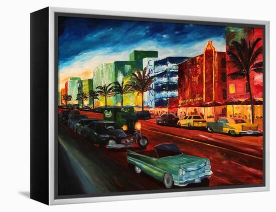 Miami Ocean Drive with Mint Cadillac-Markus Bleichner-Framed Stretched Canvas