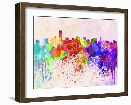 Miami Skyline in Watercolor Background-paulrommer-Framed Art Print