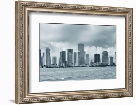 Miami Skyline Panorama in Black and White in the Day with Urban Skyscrapers and Cloudy Sky over Sea-Songquan Deng-Framed Photographic Print