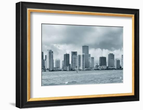 Miami Skyline Panorama in Black and White in the Day with Urban Skyscrapers and Cloudy Sky over Sea-Songquan Deng-Framed Photographic Print