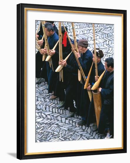 Miao Men Playing Traditional Bamboo Musical Instrument, China-Keren Su-Framed Photographic Print