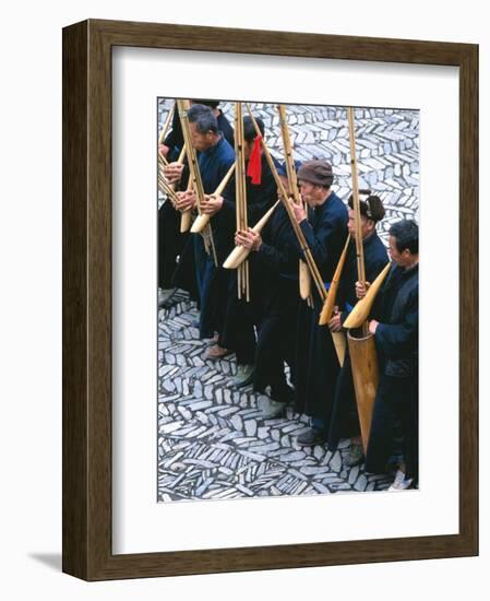 Miao Men Playing Traditional Bamboo Musical Instrument, China-Keren Su-Framed Photographic Print