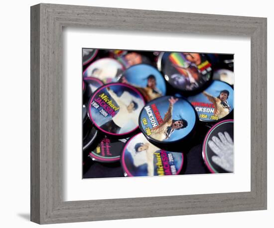 Michael Jackson Buttons Sold at Viewing of His Memorial near Apollo Theatre, July 7, 2009-null-Framed Photographic Print