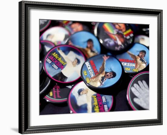 Michael Jackson Buttons Sold at Viewing of His Memorial near Apollo Theatre, July 7, 2009-null-Framed Photographic Print