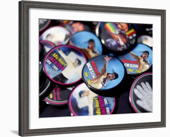 Michael Jackson Buttons Sold at Viewing of His Memorial near Apollo Theatre, July 7, 2009-null-Framed Photographic Print