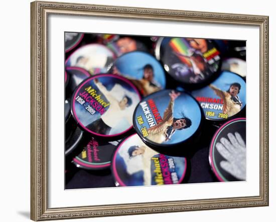 Michael Jackson Buttons Sold at Viewing of His Memorial near Apollo Theatre, July 7, 2009-null-Framed Photographic Print
