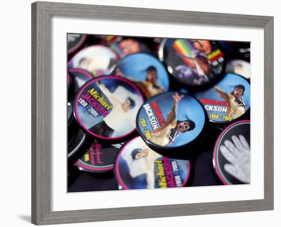 Michael Jackson Buttons Sold at Viewing of His Memorial near Apollo Theatre, July 7, 2009-null-Framed Photographic Print