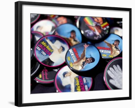 Michael Jackson Buttons Sold at Viewing of His Memorial near Apollo Theatre, July 7, 2009-null-Framed Photographic Print