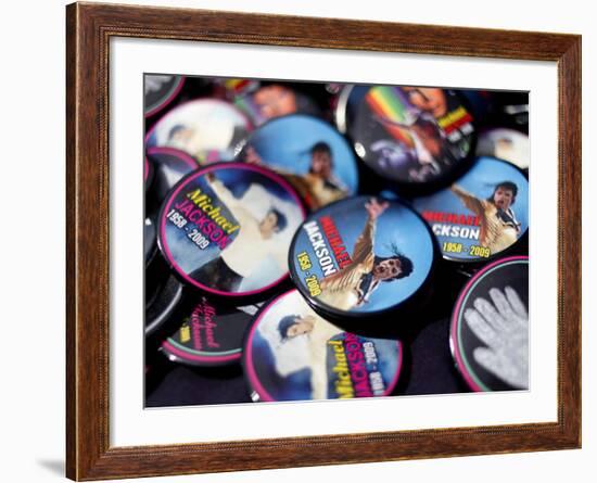 Michael Jackson Buttons Sold at Viewing of His Memorial near Apollo Theatre, July 7, 2009-null-Framed Photographic Print