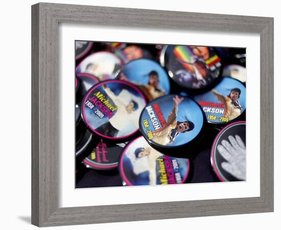 Michael Jackson Buttons Sold at Viewing of His Memorial near Apollo Theatre, July 7, 2009-null-Framed Photographic Print