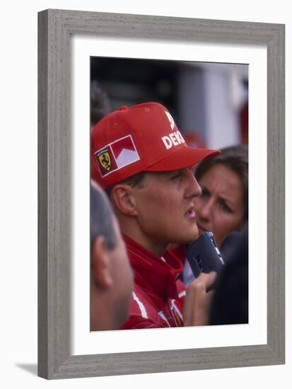 Michael Schumacher Being Interviewed, British Grand Prix, Silverstone, Northamptonshire, 1997-null-Framed Photographic Print