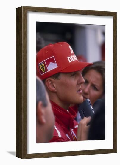 Michael Schumacher Being Interviewed, British Grand Prix, Silverstone, Northamptonshire, 1997-null-Framed Photographic Print